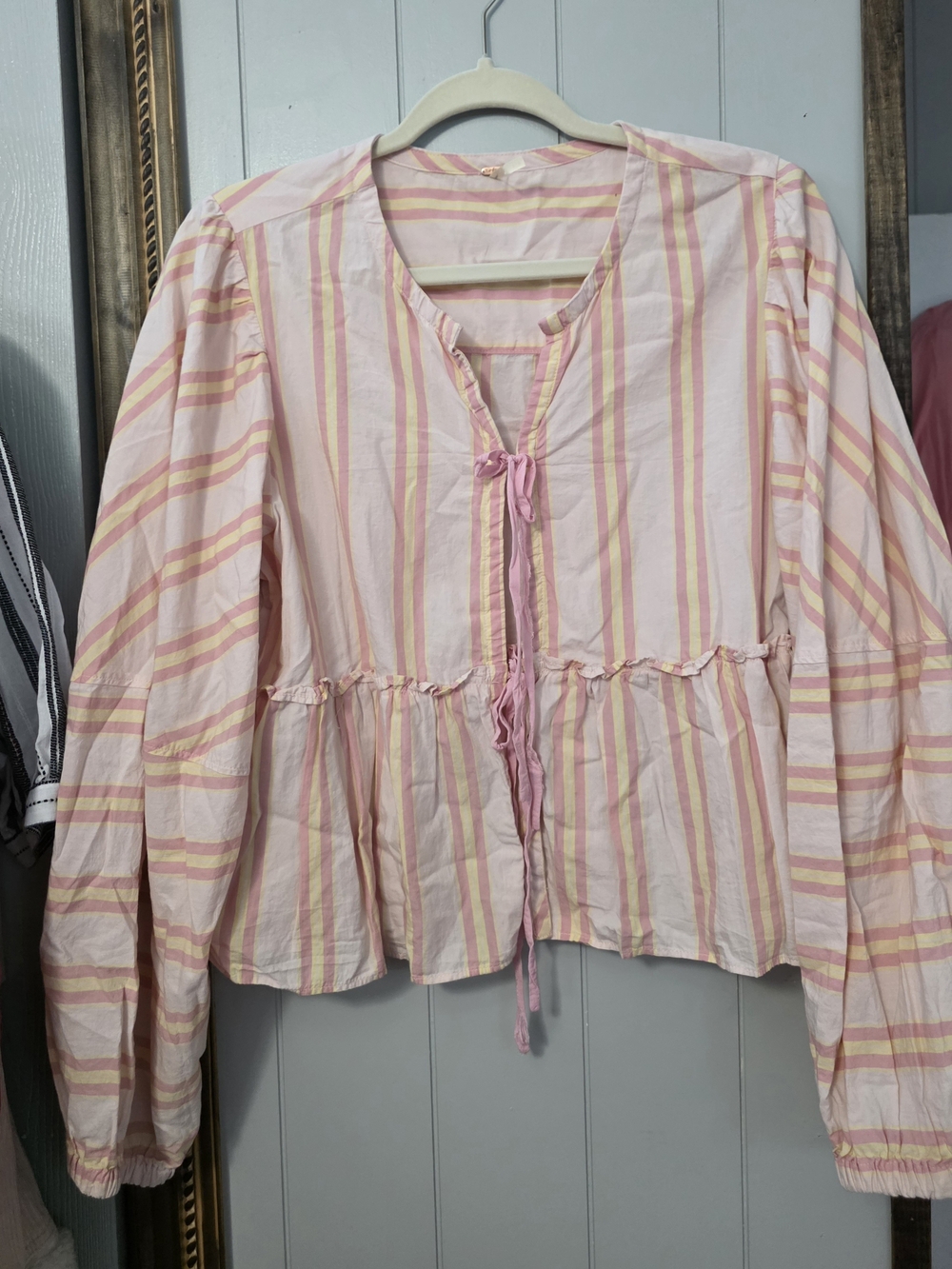 Free People Pink Yellow Striped Peplum Tie Blouse